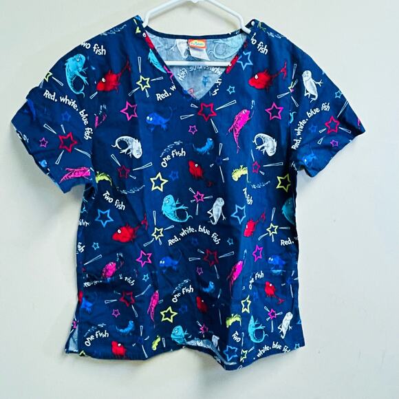 Dr Seuss One Fish 2 Fish Blue Scrub Top Size Large EUC - Picture 1 of 10